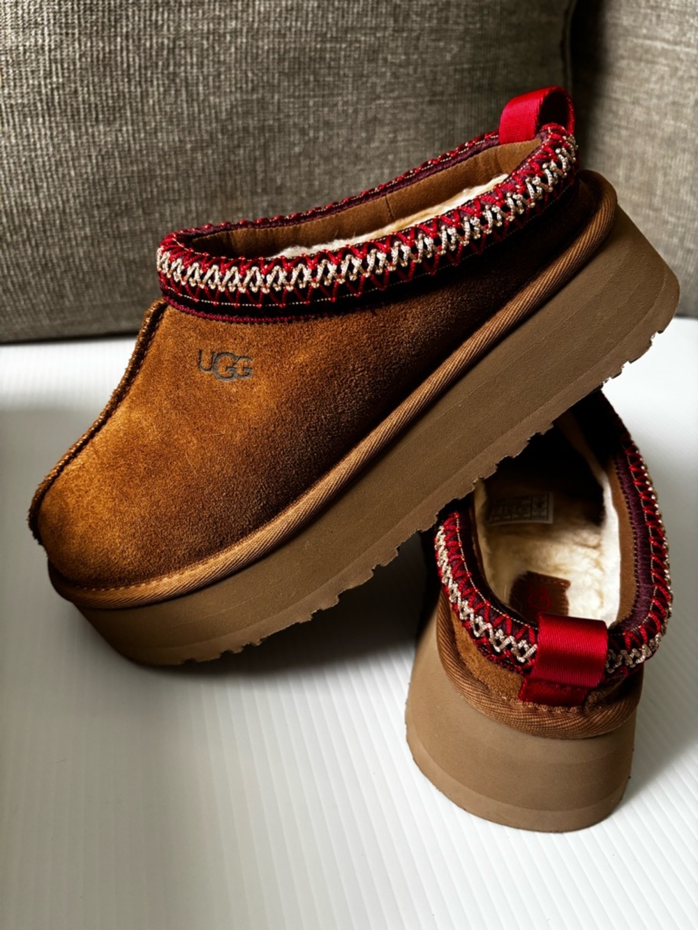 UGG Chestnut Suede Platform Clog with Red Trim